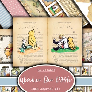 Winnie the Pooh junk journal kit, ephemera printable kit, uk. Paper, pockets, labels, tags, scrap paper pages, embellishments, gift