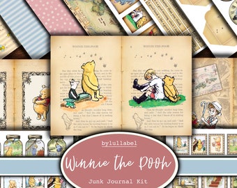 May include: A Winnie the Pooh junk journal kit featuring illustrations from the classic children's book. The kit includes vintage-style papers, tags, and ephemera with images of Pooh, Piglet, and Christopher Robin. The kit is designed for crafting and scrapbooking.