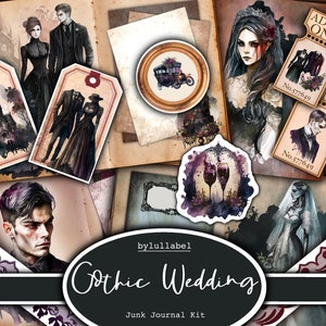 Pode incluir: Um kit de diário de sucata digital com um tema de casamento gótico. O kit inclui imagens de um casal com roupas pretas, uma carruagem, uma igreja e uma noiva e um noivo em um ambiente assustador. O kit também inclui uma borda de renda e ingressos que dizem "Admit One" e "No. 577649".