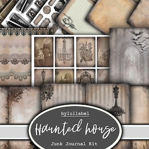Haunted house  junk journal kit, ephemera printable kit, uk. Paper, pockets, labels, tags, scrap paper pages, embellishments, gift