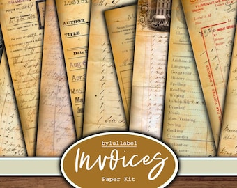 May include: A collection of vintage paper ephemera with handwritten text and titles like "Author", "Title", "Date", "Aug", "Apr", "May", "Invoices", and "Paper Kit". The papers are aged and have a yellowed, worn look.