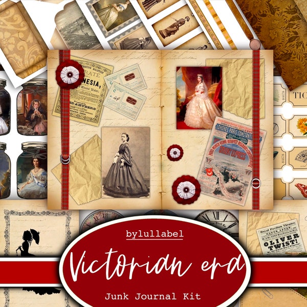 Kit diario spazzatura dell'era vittoriana, kit stampabile effimero vintage, Regno Unito. Carta, tasche, etichette, cartellini, pagine di carta straccia, abbellimenti, regalo