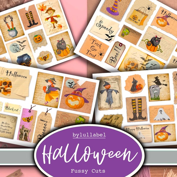 Scrap paper Halloween fussy cut ephemera, junk journal collages, embellishment supplies,  60 different images, amazing value. Jpg format