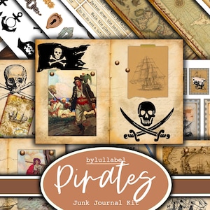 Piratenjournaalkit, vintage efemere afdrukbare kit, Verenigd Koninkrijk. Papier, zakken, labels, tags, kladpapierpagina's, versieringen, cadeau