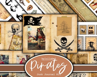 May include: A digital printable junk journal kit with a pirate theme. The kit includes images of a pirate ship, a skull and crossbones, a pirate, a treasure chest, and a map. The kit also includes text that says "Batten down the hatches", "Walk the plank", "Ho Ho Ho and a bottle", and "Pirates Junk Journal Kit".