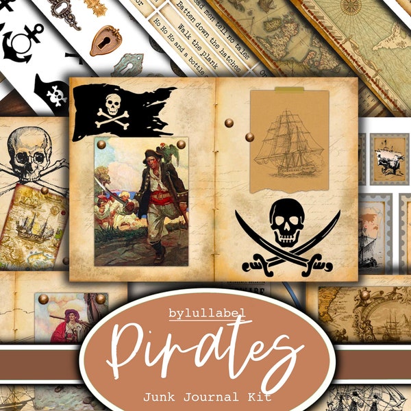 Pirates  junk journal kit, vintage ephemera printable kit, uk. Paper, pockets, labels, tags, scrap paper pages, embellishments, gift