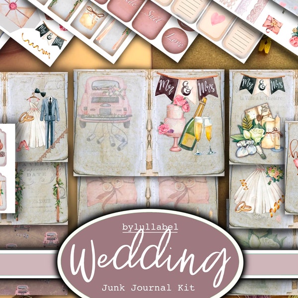 Wedding  junk journal kit, ephemera printable kit, uk. Paper, pockets, labels, tags, scrap paper pages, embellishments, gift