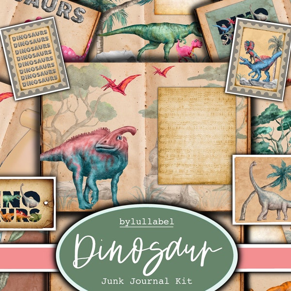 Dinosaur printable junk journal kit, paper  pages,dino junk journal, scrapbooking, journaling, scrap papers, ephemera, digital downloads uk