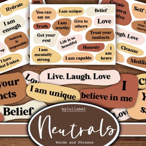 Mots positifs et affirmations éphémères dans des couleurs neutres, imprimables, téléchargements numériques.  Carnet de bord, journal intime, album de coupures ou collage.