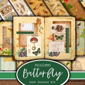 Kit diario spazzatura farfalla, kit stampabile effimero, Regno Unito. Carta della fauna selvatica, tasche, etichette, cartellini, pagine di carta straccia, abbellimenti, regali