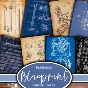 Cartões de diário Vintage Blueprint, cartões ATC, coisas efêmeras de desenhos técnicos e suprimentos de diários inúteis, minipapéis, flores, cortes complicados de criaturas