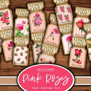 May include: A set of 12 printable pink rose themed junk journal tickets. Each ticket features a different pink rose design with the text "ADMIT ONE" and a ticket number.