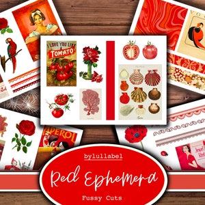 Digitales Ephemera Paket, rote wählerische Schnitte, Junk Journal Add-Ins, Junk Journal Printables, gemischte Ephemera, Vintage und moderne Stile