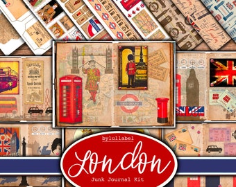 London inspired junk journal kit,Victorian ephemera printable kit, k. Paper, pockets, labels, tags, scrap paper pages, embellishments, gift