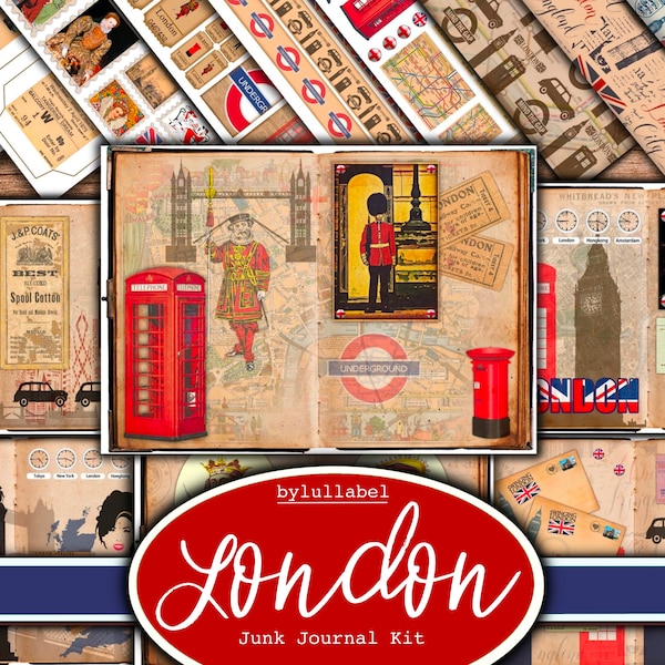 London inspired junk journal kit,Victorian ephemera printable kit, k. Paper, pockets, labels, tags, scrap paper pages, embellishments, gift