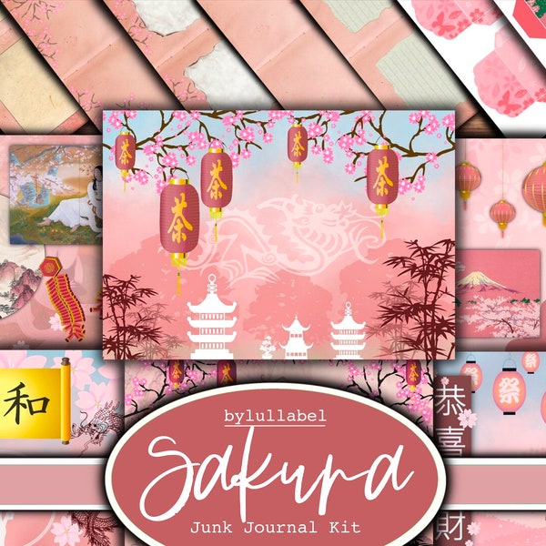 Summer Sakura junk journal kit,ephemera printable kit,uk. Cherry blossom Paper,pockets,labels, tags, scrap paper pages, embellishments, gift