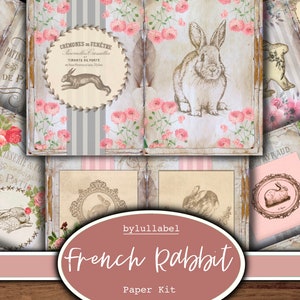 Kit di pagine con conigli francesi d'epoca, materiale effimero ispirato alla Pasqua, carta da parati di supporto, componenti aggiuntivi, diario vintage, kit di ritagli moderni