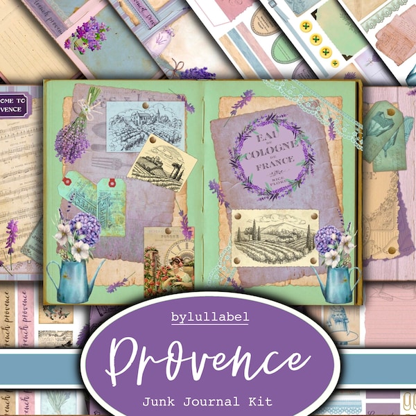 French Provence   junk journal kit, ephemera printable kit, uk. Paper, pockets, labels, tags, scrap paper pages, embellishments, gift