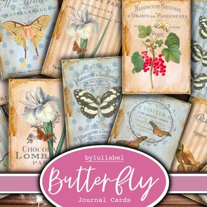 Vintage French Butterflies  journal cards, ATC cards, ephemera and junk journal supplies, mini papers, flowers, botanical fussy cuts