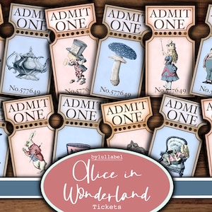 Alice im Wunderland Tickets, blaue und rosa Junk Journal Ephemera, Verzierungen, Junk Journal Lieferungen, pingelige Schnitte, Digi-Dateien