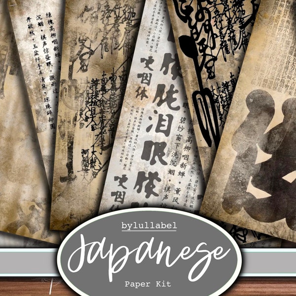 Vintage Japanese inspired  backing papers  kit, printable kit, uk. Paper, pockets, labels, tags, scrap paper pages, embellishments, gift