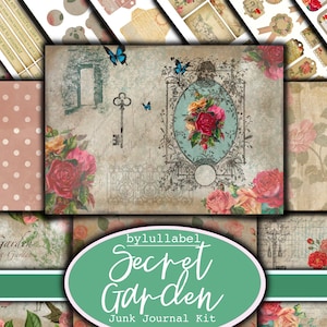 Secret Garden junk journal kit, ephemera printable kit, pack, uk. Paper, pockets, labels, tags, scrap paper pages, enchanted garden
