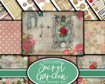 May include: A digital junk journal kit with a vintage aesthetic. The kit features a variety of papers with floral patterns, a key, a gate, and butterflies. The text "Secret Garden" is written in a decorative font.