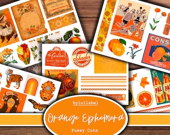 Digital ephemera pack, orange printable fussy cuts, junk journal add ins, stationary supplies, mixed ephemera , vintage and modern styles