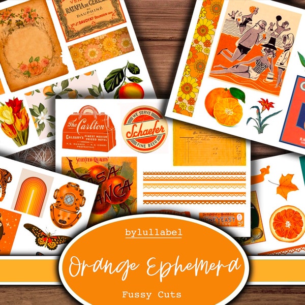 Digital ephemera pack, orange printable fussy cuts, junk journal add ins, stationary supplies, mixed ephemera , vintage and modern styles