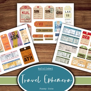 May include: A set of vintage-style travel ephemera stickers featuring airport codes, baggage tags, and airline tickets. The stickers are printed on white paper with a distressed, aged look. The stickers feature various colors, including red, blue, green, and yellow.