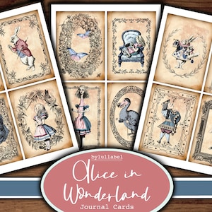 Cartões de moldura Alice no País das Maravilhas, cartões de diário, cartões ATC, itens efêmeros e materiais de diário, mini papéis, flores, recortes de criaturas elaboradas