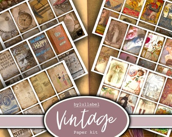 May include: A vintage paper kit with a variety of images, including a clock, a book, a woman in a dress, and a child holding flowers. The kit is labeled "Vintage Paper Kit" and is by the brand "bylullabel".