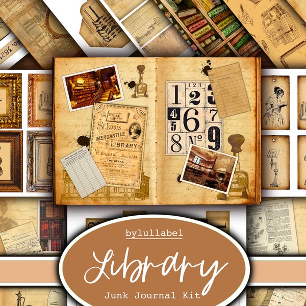 Vintage library large Junk Journal Pack, books Embellishments, Scrapbook Junk Journal, pages, digital downloads and printable art uk