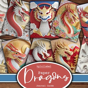Drakendagboekkaarten, afdrukbare ATC voor Chinees Nieuwjaar, gelukkige rode ephemera, ongewenste dagboekkaarten, digitale papieren
