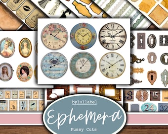 Vintage style ephemera kit, printable selection, digital download supplies. Junk journal, diary, scrapbook or collage. Embellishments