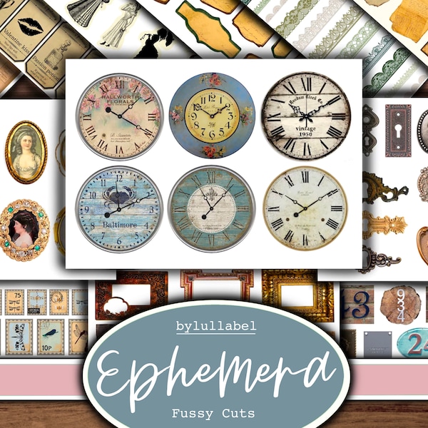 Vintage style ephemera kit, printable selection, digital download supplies. Junk journal, diary, scrapbook or collage. Embellishments