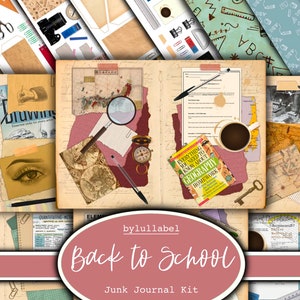 Back to School junk journal kit, magical ephemera printable kit, uk. Paper, pockets, labels, tags, scrap paper pages, embellishments, gift