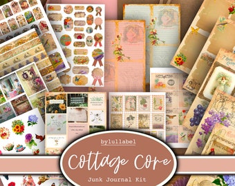 May include: A digital junk journal kit with a cottagecore theme. The kit includes various images, papers, and embellishments with floral, bird, and butterfly motifs. The kit is titled "Cottage Core Junk Journal Kit" by lullabel.
