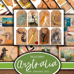 Australia inspired junk journal kit,Oz ephemera printable kit, uk. Paper, pockets, labels, tags, scrap paper pages, embellishments, gift