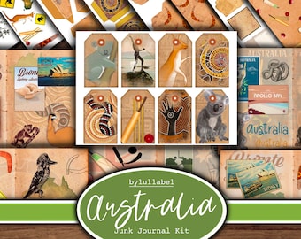 May include: A digital junk journal kit with an Australian theme. The kit includes images of koalas, kangaroos, boomerangs, and other Australian icons. The kit also includes text such as "Australia Visit" and "Sydney".