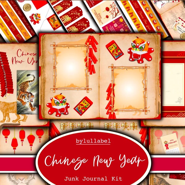 Chinese New Year 2022 junk journal kit,ephemera printable kit,uk. Tiger Paper,pockets,labels, tags, scrap paper pages, embellishments, gift