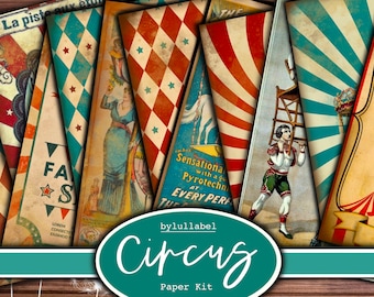 Vintage Circus printables, rode & blauwe papieren kitpagina's, junk journal, scrapbooking, journaling, kladpapier, ephemera, digitale downloads uk