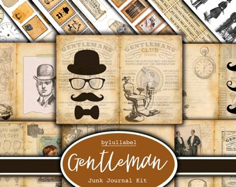 Gentleman’s  junk journal kit, vintage ephemera printable kit, uk. Paper, pockets, labels, tags, scrap paper pages, embellishments, gift