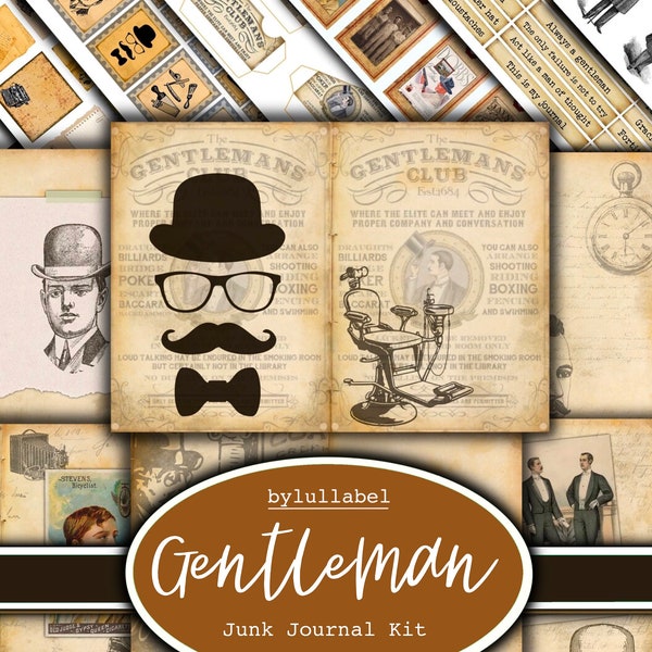 Gentleman’s  junk journal kit, vintage ephemera printable kit, uk. Paper, pockets, labels, tags, scrap paper pages, embellishments, gift