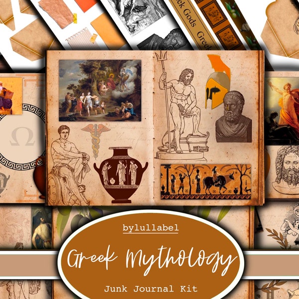 Greek Mythology junk journal kit,Greek god ephemera printable kit, uk. Paper, pockets, labels, tags, scrap paper pages, embellishments, gift