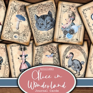 Cartes de cadre Alice au pays des merveilles, cartes de journal, cartes ATC, éphémères et fournitures de journal indésirable, mini papiers, fleurs, coupes difficiles de créatures