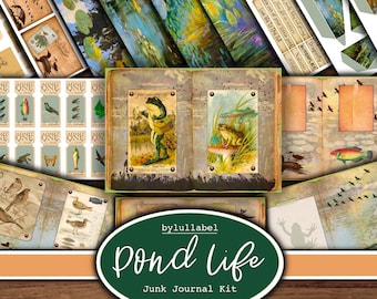 May include: A digital junk journal kit with a green and brown color scheme featuring a pond life theme. The kit includes images of frogs, fish, dragonflies, butterflies, and other pond creatures. The text "Pond Life" is written in a green circle with the words "Junk Journal Kit" below it.