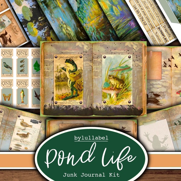 Pond life junk journal kit,ephemera printable kit,uk. Frogs, tadpoles Paper,pockets,labels, tags, scrap paper pages, embellishments, gift