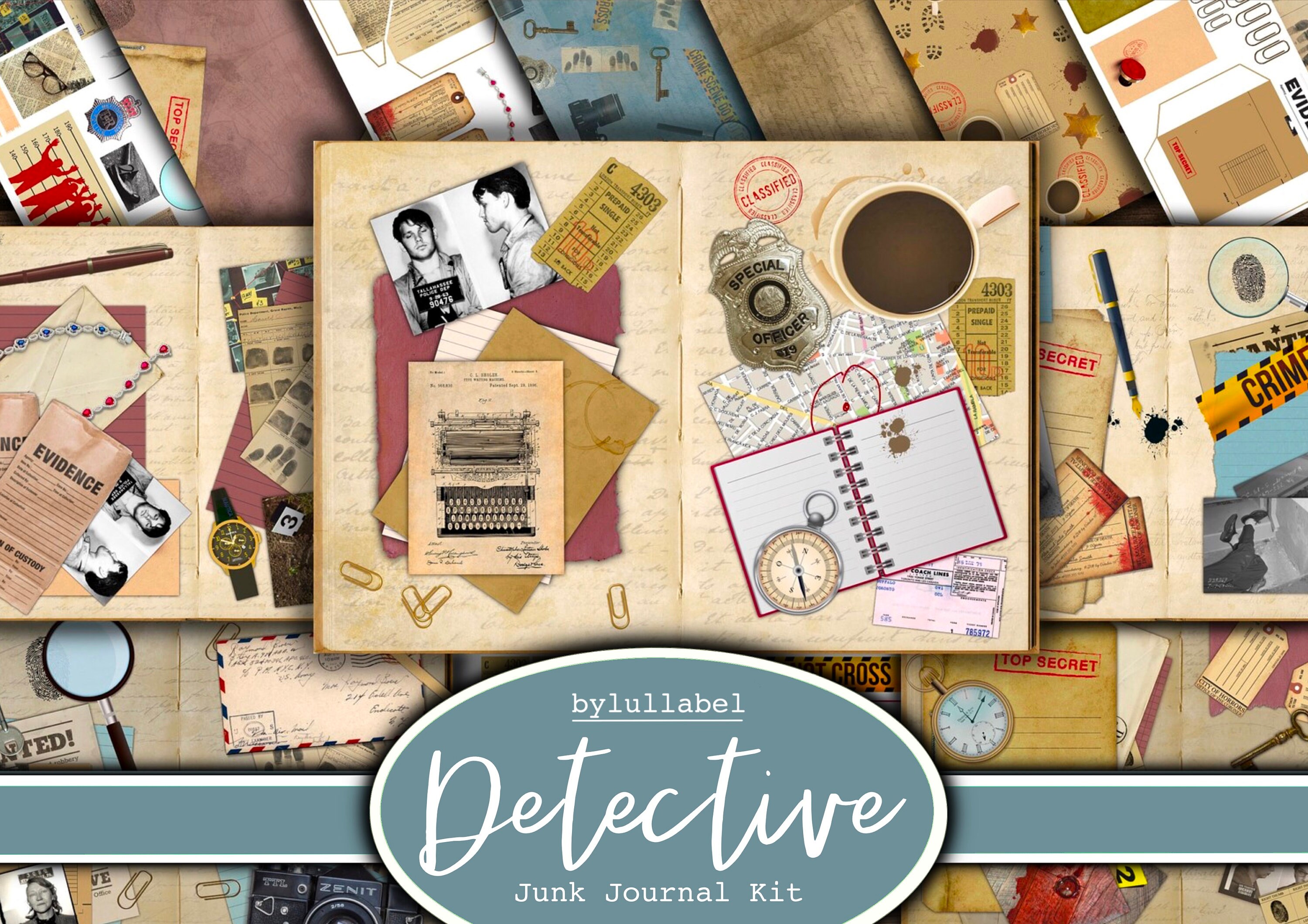 Mystery Detective inspired junk journal kit,ephemera printable kit,uk. Paper, pockets, labels, tags, scrap paper pages, embellishments, gift