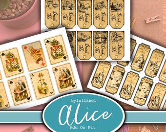 Alice in Wonderland add on kit, for junk journals, rages, labels and playing cards, embellishments and ephemera uk